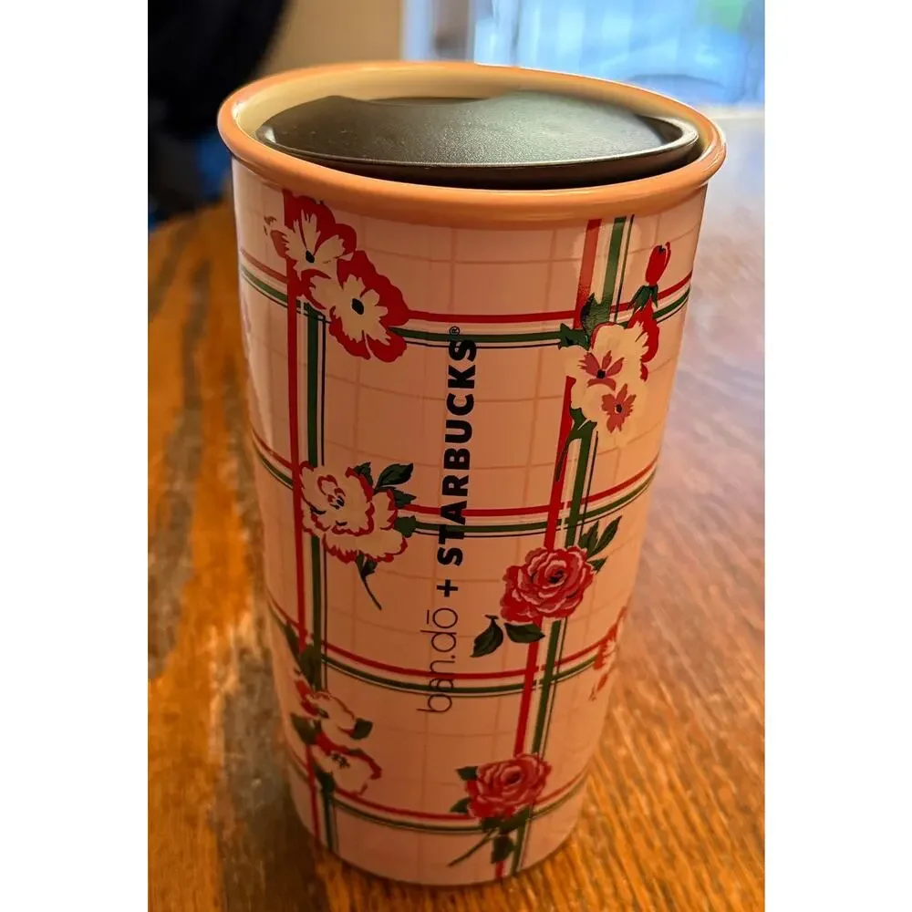 Starbucks ban.do Floral Pink Ceramic Travel Mug Vintage